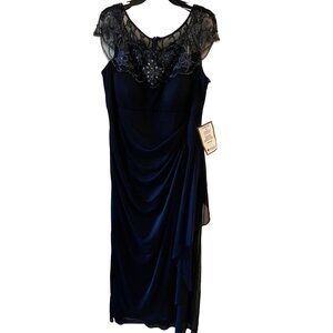 NWT Xscape Plus Size Embellished-Neck Gown Beaded Cascade 18W Navy